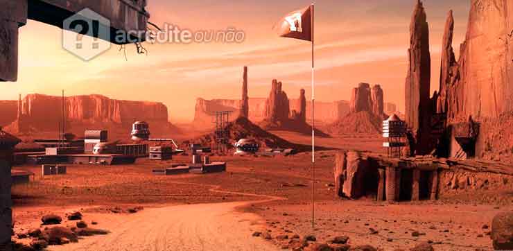 Ilustração de uma base em Marte.