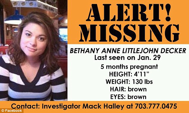 Alerta emitido pela policia local sobre o desaparecimento de Bethany Decker.