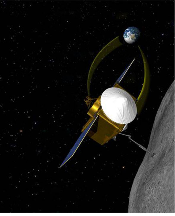 Um modelo artístico do pouso de uma sonda da NASA no 1999 RQ36 – passível de acontecer em 2019.