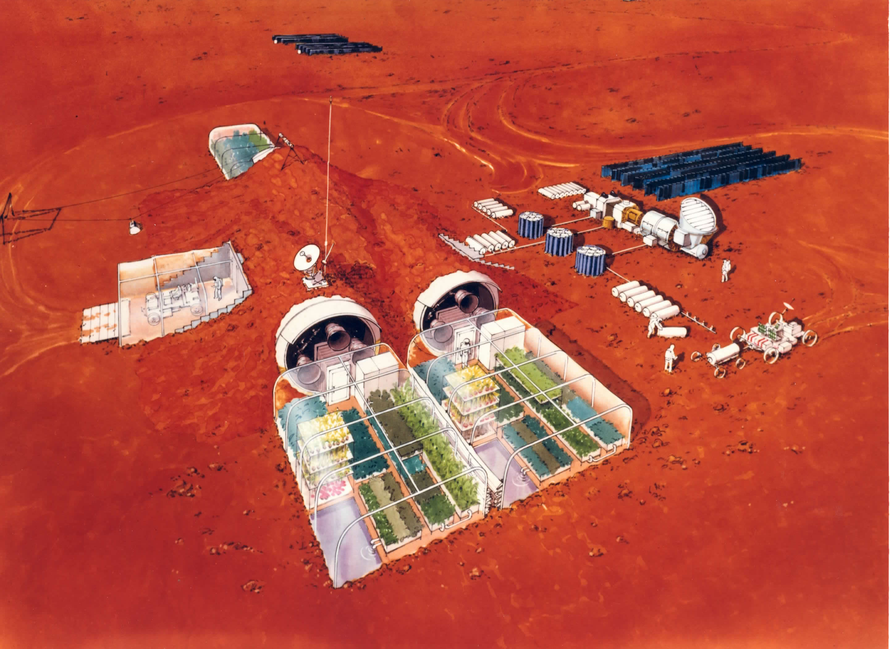 Concepção artística de um habitat de uma colonização em Marte.