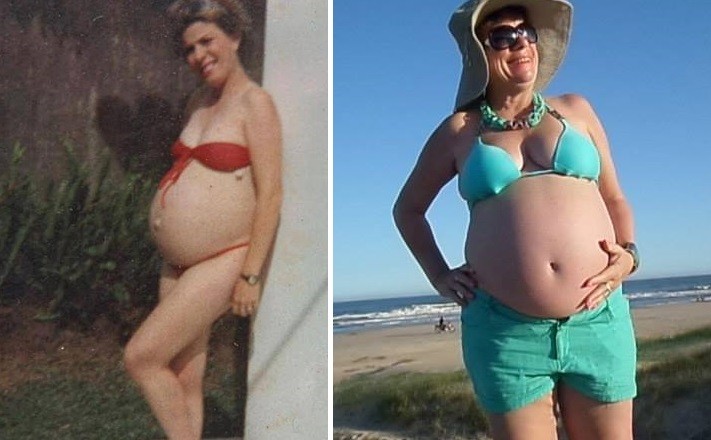 Nivalda, grávida da filha na década de 1980 e do próprio neto, em 2015 (Foto: Arquivo pessoal / divulgação)