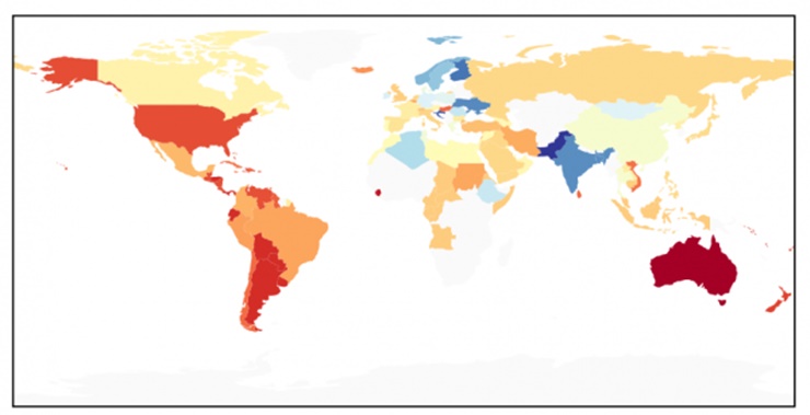 Mapa de diversidade culinária no mundo; vermelho escuro indica a maior variação