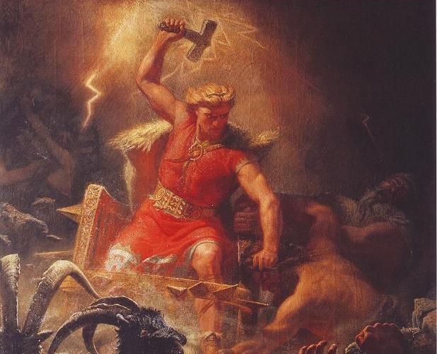 Ilustração de Thor liderando seu exército durante o Ragnarok