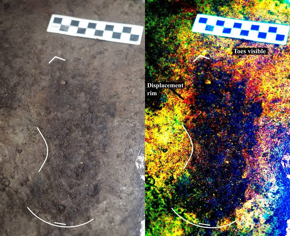 À esquerda, foto de uma das 29 pegadas de 13 mil anos encontradas no substrato de uma área litorânea do oeste do Canadá; à direita, a imagem digital da mesma pegada, usada para análise dos cientistas, com destaque para as marcas dos dedos (Foto: Duncan McLaren)