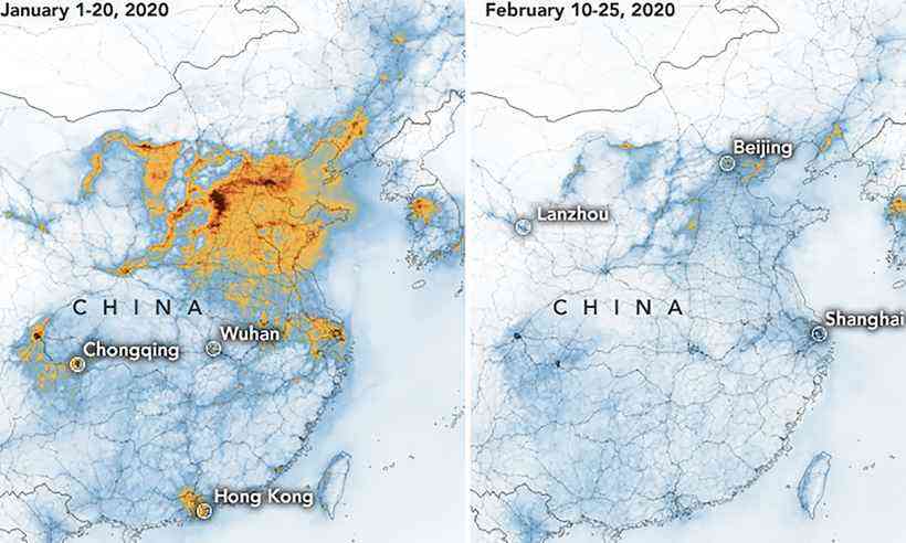 E as quedas nos níveis de poluição em toda a China. Fonte: Earth Observatory/Nasa
